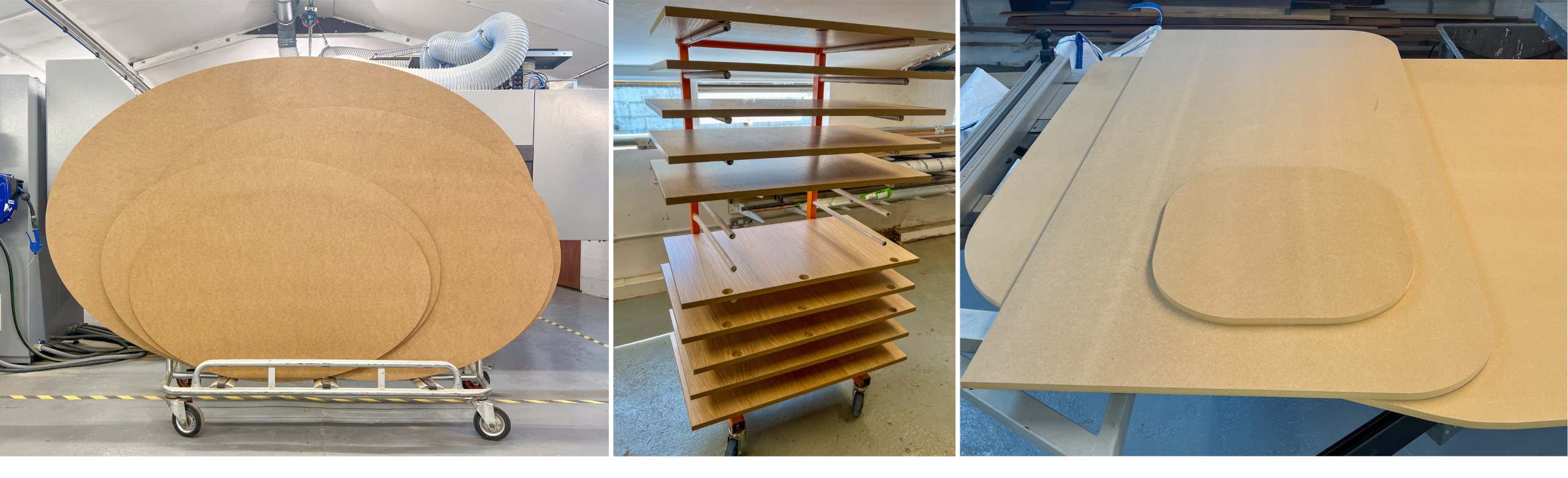 Oval MDF shapes that have been cut on the CNC machine, spray finished doors with routed hinge plates and a template for a bespoke kitchen worktop from MDF.